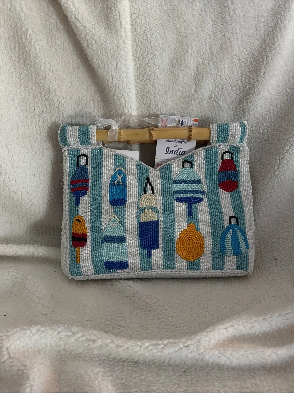 Beaded Buoy Pattern Shoulder Bag with Bamboo Handle - Teal Multi